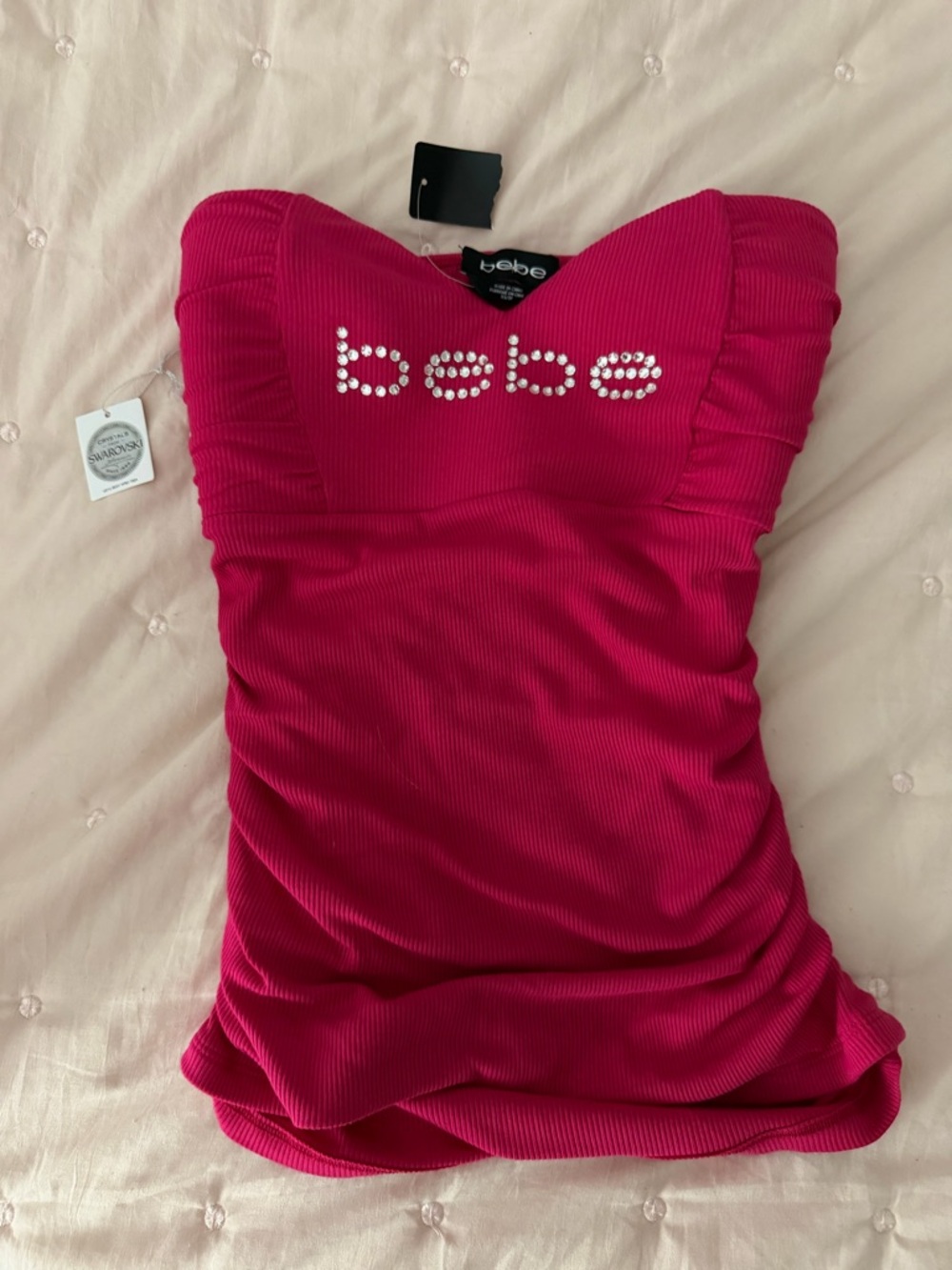 bebe Y2K Hot Pink Strapless Logo Swarovski Crystal Tube Top